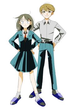 1boy 1girl :/ blazer blonde_hair blue_jacket blue_pants blue_skirt brown_eyes collared_shirt commentary_request dress_shirt full_body futsuu_no_keion-bu grey_hair grey_shirt hands_on_own_hips hatono_chihiro highres hiko_(sisterkaie) jacket lapels light_smile long_sleeves medium_hair neck_ribbon notched_lapels pants red_ribbon ribbon sandals school_uniform shirt shirt_tucked_in simple_background skirt slides socks standing takami_kouki white_background