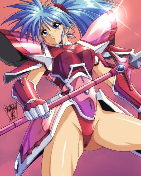 1990s_(style) 1girl 2025 absurdres armor armored_leotard blue_eyes blue_hair breastplate closed_mouth commentary corque_lans cowboy_shot danmakuman english_commentary faussete_amour gauntlets glint highleg highleg_leotard highres holding holding_polearm holding_weapon leotard merchandise_available pauldrons pink_armor pink_background polearm ponytail red_leotard retro_artstyle shoulder_armor signature solo standing weapon