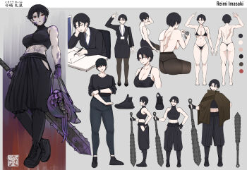 1girl :o abs absurdres arm_rest arm_up artist_logo ass back bare_arms bare_shoulders barefoot baseball_cap black_boots black_bra black_hair black_hakama black_hat black_jacket black_panties black_shirt black_skirt black_sports_bra black_suit blood blood_on_arm blood_on_face boots bra breasts brown_pantyhose brown_poncho business_suit can character_name closed_eyes clothes_on_and_off clothing_cutout club club_(weapon) commentary cropped_shirt denim drink_can english_commentary formal_clothes full_body grey_background hakama hakama_pants hat head_rest head_tilt highres hip_vent holding holding_can holding_club holding_detached_head holding_pen holding_weapon id_card imasaki_reimi_(mchiefy) jacket japanese_clothes jeans kanabou lanyard large_breasts logo mchiefy midriff mole mole_under_mouth monster multi-source_commentary multiple_views office_lady original panties pants pantyhose paper parted_lips pen pencil_skirt pixie_cut poncho purple_blood red_eyes reference_sheet scar scar_on_back severed_head shirt shirt_tucked_in shoes short_hair sideboob sitting skirt skirt_suit sleepy sleeveless sleeveless_shirt sleeveless_turtleneck spiked_club sports_bra standing string_bra string_panties suit suit_jacket thong toes tomboy toned toned_female topless_female towel towel_on_one_shoulder turnaround turtleneck turtleneck_shirt underwear underwear_only variations weapon white_shirt
