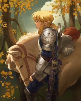 1boy animal armor blonde_hair blue_pants blue_shirt brown_eyes closed_mouth cloud commentary english_commentary faulds feet_out_of_frame forest hair_intakes helmet highres horse knight lavabun link long_pointy_ears male_focus nature nintendo outdoors pants pauldrons plume pointy_ears ponytail profile reins shield shield_on_back shirt shoulder_armor sky solo sword the_legend_of_zelda tree unworn_headwear unworn_helmet weapon