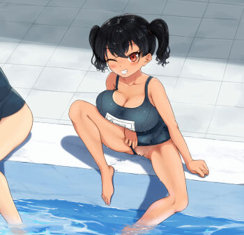 1girl absurdres barefoot black_hair blue_one-piece_swimsuit breasts censored cleavage cleft_of_venus clothing_aside commentary_request gaki_kyonyuu grin heart heart_censor highres large_breasts looking_at_viewer mesugaki misudoasuk one-piece_swimsuit one_eye_closed oppai_loli pussy red_eyes sasaki_kanna school_swimsuit short_twintails sitting smile soaking_feet solo_focus stealth_flashing swimsuit swimsuit_aside tan tanline twintails