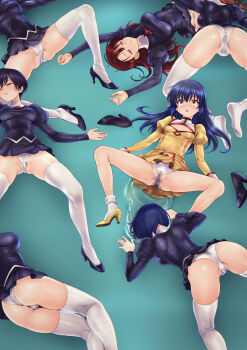 6+girls agent_aika aika_(series) ascot black_delmo black_hair black_jacket black_shoes black_skirt blue_hair cleavage_cutout closed_eyes clothing_cutout commentary_request covered_erect_nipples crotch_seam crying crying_with_eyes_open defeat delmogeny_uniform dress golden_delmo high_heels highres indoors jacket juliet_sleeves kana_(agent_aika) long_sleeves lying multiple_girls naomi_(agent_aika) not_a_chan on_floor on_stomach panties pee peeing peeing_self pleated_skirt puffy_sleeves red_hair rie_petoriyacowa ryona shoes short_hair skirt spread_legs tears thighhighs unconscious underwear white_panties white_thighhighs yellow_dress yuki_(agent_aika)
