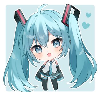 1girl :d ahoge bare_shoulders black_boots black_skirt black_sleeves blue_background blue_eyes blue_hair blue_necktie blush boots border chibi chibi_only collared_shirt commentary detached_sleeves double-parted_bangs full_body hair_between_eyes hatsune_miku heart highres long_hair long_sleeves looking_at_viewer necktie open_mouth outline outside_border pleated_skirt shirt sidelocks simple_background skirt sleeveless sleeveless_shirt smile solo standing symbol-only_commentary thigh_boots tie_clip twintails very_long_hair vocaloid white_border white_outline white_shirt yuni_(irohasuiroiro)