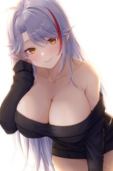 1girl adjusting_hair alternate_costume antenna_hair azur_lane bare_shoulders black_sweater breasts collarbone commentary_request cowboy_shot dress grey_hair hand_in_own_hair highres huge_breasts leaning_forward long_hair long_sleeves looking_at_viewer mole mole_on_breast orange_eyes prinz_eugen_(azur_lane) red_streaks ribbed_sweater simple_background solo sweater sweater_dress very_long_hair waa!_okami