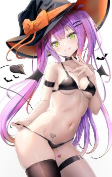 1girl :q alternate_costume armband bare_shoulders bat_wings bikini bikini_pull black_bikini black_choker black_hat black_thighhighs bow breasts choker closed_mouth clothes_pull collarbone colored_inner_hair commentary_request cowboy_shot demon_tail detached_wings green_eyes hair_ornament hairclip halloween hat hat_bow heart heart_sticker heart_tattoo highres hololive large_hat long_hair looking_at_viewer medium_breasts multicolored_hair multicolored_nails nail_polish navel nekonosuke orange_bow piercing pink_nails pulling_own_clothes purple_hair simple_background single_thighhigh skindentation smile solo sticker stomach strap_pull swimsuit tail tail_ornament tail_piercing tattoo thigh_strap thighhighs tokoyami_towa tongue tongue_out twintails virtual_youtuber white_background wings yellow_nails
