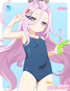 1girl absurdres aino_(genshin_impact) arm_up bandaid bandaid_on_leg bare_arms bare_shoulders blue_background blue_one-piece_swimsuit border breasts cameltoe closed_mouth commentary_request covered_erect_nipples covered_navel dotted_line forehead genshin_impact grey_eyes hair_between_eyes highres holding joutarou_(punianikobo) loli long_hair looking_at_viewer one-piece_swimsuit parted_bangs purple_hair short_eyebrows small_breasts smile solo swimsuit thick_eyebrows v very_long_hair water water_gun white_border
