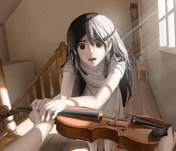 1girl absurdres alavyx black_eyes black_hair brother_and_sister colored_skin dress hashtag-only_commentary highres holding holding_instrument holding_violin indoors instrument long_hair looking_at_viewer mari_(faraway)_(omori) mari_(omori) omori pov realistic siblings spoilers stairs sunny_(omori) violin white_dress white_skin window