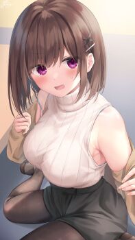 1girl absurdres armpit_crease bare_shoulders black_thighhighs blush bra_strap breasts brown_hair childhood_friend-chan_(ramchi) hair_ornament hairclip highres large_breasts looking_at_viewer medium_hair open_mouth original pantyhose purple_eyes ramchi ribbed_sweater sitting sleeveless sleeveless_sweater solo straight_hair strap_slip sweater swept_bangs thighhighs turtleneck turtleneck_sweater undressing v-shaped_eyebrows wariza white_sweater x_hair_ornament