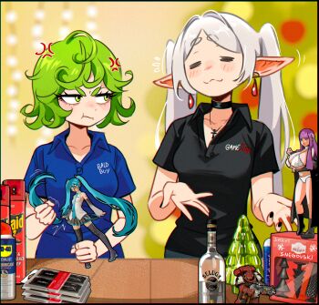 Rule 34 | 2girls, adeptus astartes, alcohol, anger vein, artist name, best buy, black choker, black nails, black shirt, blue shirt, blurry, blurry background, bottle, breasts, can, choker, christmas tree, closed eyes, closed mouth, collarbone, collared shirt, commentary, cross, cross necklace, crossover, earrings, elf, english commentary, fern (sousou no frieren), figure, frieren, gamestop, green eyes, green hair, grey hair, hair intakes, hatsune miku, highres, jewelry, looking at another, motion lines, multiple crossover, multiple girls, nail polish, necklace, one-punch man, parted bangs, pointy ears, pout, product placement, raid (insecticide), shirt, short sleeves, small breasts, snegovski, sousou no frieren, tatsumaki, thick eyebrows, upper body, v-shaped eyebrows, vocaloid, vodka, warhammer 40k, wd-40