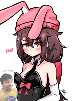1girl animal_ears animal_hat artist_self-insert bare_shoulders beanie black_leotard black_necktie blush bow breasts brown_eyes brown_hair closed_mouth detached_collar elbow_gloves gloves hair_between_eyes hair_bow hair_ornament hairclip hat highres kiiro_(koonowen) koonowen leotard long_hair looking_at_viewer mrbeast necktie original playboy_bunny rabbit_ears real_life_insert red_bow signature simple_background small_breasts strapless strapless_leotard upper_body white_background white_gloves