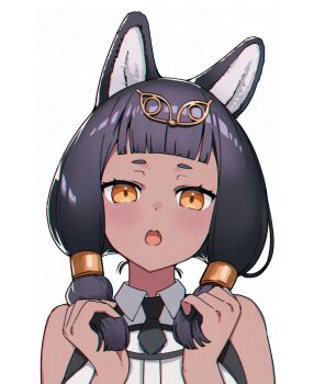 1girl :o admiralkeyes animal_ears arknights bare_shoulders black_hair black_necktie cat_ears cat_girl commentary dark-skinned_female dark_skin dot_nose highres holding holding_own_hair light_blush long_hair looking_at_viewer low_twintails necktie open_mouth orange_eyes portrait short_necktie simple_background solo teeth titi_(arknights) twintails upper_teeth_only white_background