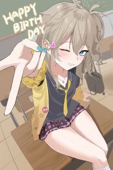 1girl absurdres bag black_shirt blue_eyes blush cardigan chalkboard classroom collared_shirt commentary_request desk eru_aise feet_out_of_frame grey_hair happy_birthday highres jewelry kasukabe_tsumugi long_hair long_sleeves looking_at_viewer magatama magatama_necklace miniskirt mole mole_under_eye nail_polish necklace necktie on_desk one_eye_closed one_side_up open_cardigan open_clothes plaid_clothes plaid_skirt purple_skirt school_bag school_desk shirt sitting skirt solo v voicevox yellow_cardigan yellow_necktie