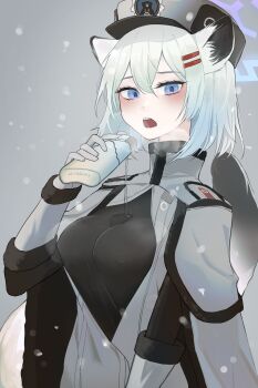 1girl absurdres animal_ear_fluff animal_ears black_shirt blue_archive blue_eyes blush breasts breath capelet coat cold covered_erect_nipples cowboy_shot double-parted_bangs eyelashes flask fur-trimmed_capelet fur-trimmed_sleeves fur_trim green_hair grey_capelet grey_coat grey_hat hair_between_eyes hair_ornament hairclip halo hand_up hat highres hip_flask holding holding_flask ka_keo large_breasts long_sleeves looking_at_viewer medium_hair open_clothes open_coat open_mouth outdoors parallel_hairclips peaked_cap pouring pouring_onto_self purple_halo shigure_(blue_archive) shirt snowing solo sparkling_eyes straight_hair tail tail_raised teeth tsurime upper_teeth_only weasel_ears weasel_girl weasel_tail winter