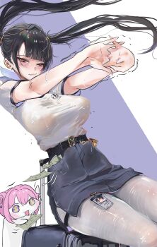 absurdres banknote belt black_hair breasts doro_(nikke) dorothy_(nikke) goddess_of_victory:_nikke highres koto_omikami large_breasts money pantyhose see-through_clothes see-through_legwear shirt sitting sitting_on_object skirt sora_(nikke) stretching tight_clothes twintails white_pantyhose white_shirt