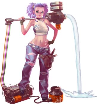 1girl artist_request baggy_pants bare_shoulders black_shoes blue_eyes blue_hair breasts crop_top crystal_maiden_(series) denim engine fingerless_gloves forehead full_body game_cg gloves hand_on_own_hip highres holding holding_weapon jeans katherine_(crystal_maidens) navel navel_piercing official_art over_shoulder panties pants piercing screw shoes solo star_(symbol) star_print transparent_background unbuttoned underwear variant_set water weapon weapon_over_shoulder white_panties wire