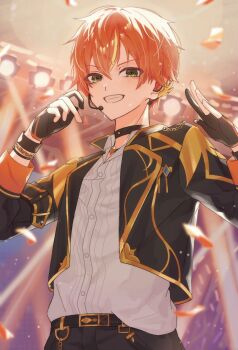 1boy black_choker black_gloves blonde_hair blurry blurry_background bracelet buttons choker clenched_teeth commentary_request confetti gloves green_eyes hands_up headset highres jacket jewelry korean_text layered_clothes long_sleeves looking_at_viewer male_focus multicolored_hair official_alternate_costume open_clothes open_jacket orange_hair outstretched_hand partially_fingerless_gloves project_sekai pururing_(didksoja) shinonome_akito shirt short_hair smile solo stage_lights streaked_hair sweat teeth two-tone_hair upper_body white_shirt