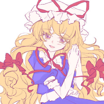 1girl blonde_hair blush choker commentary elbow_gloves gloves hair_ribbon hat long_hair looking_at_viewer mob_cap own_hands_together parted_lips purple_eyes purple_shirt purple_skirt ribbon ribbon_choker shirt skirt smile solo touhou upper_body uzumibi white_background white_gloves yakumo_yukari