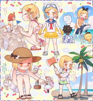 1boy 6+girls ahoge alternate_costume animal applying_sunscreen axe bikini bikini_shorts black_hair blonde_hair blue_background blue_flag blue_sailor_collar blush border breathing_tube building_sand_sculpture cherry cherry_background closed_mouth coconut_tree commentary_request crying dirty diving_mask dress facing_another fate/grand_order fate_(series) flag floral_print floral_print_bikini food frilled_bikini frills fruit fujimaru_ritsuka_(female) fujimaru_ritsuka_(female)_(brilliant_summer) fujimaru_ritsuka_(male) fujimaru_ritsuka_(male)_(tropical_summer) giant giantess goggles green_bikini grey_hair hair_ornament hairclip hat holding holding_animal holding_axe hood hooded_jacket innertube jack_the_ripper_(fate/apocrypha) jacket jeanne_d&#039;arc_(fate) jeanne_d&#039;arc_(swimsuit_archer)_(first_ascension)_(fate) jeanne_d&#039;arc_alter_santa_lily_(fate) knees_up multicolored_border multiple_girls multiple_views musical_note neckerchief nursery_rhyme_(fate) ocean one-piece_swimsuit open_clothes open_jacket open_mouth orange_eyes orange_hair orange_one-piece_swimsuit orange_sandals outdoors outside_border outstretched_arm palm_tree panicking paul_bunyan_(fate) print_bikini red_neckerchief sailor_collar sailor_one-piece_swimsuit sand sand_castle sand_sculpture sandals sara_(kurome1127) seashell shell short_hair shorts sitting size_difference smile spoken_musical_note squatting sun_hat sunburn sundress swim_ring swimsuit tongue tongue_out translation_request tree two-tone_background whale white_dress white_jacket yellow_background