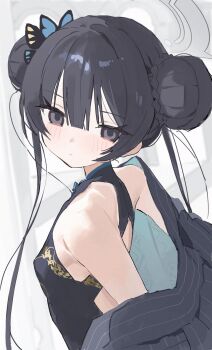 1girl bare_shoulders black_dress black_hair blue_archive blush breasts china_dress chinese_clothes double_bun dress grey_eyes hair_bun halo highres kisaki_(blue_archive) long_hair looking_at_viewer measho sidelocks simple_background small_breasts solo upper_body