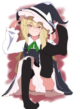 1girl black_hat black_skirt black_socks black_thighhighs black_vest blonde_hair bone_vone bow buttons clothes_between_thighs collared_shirt commentary_request convenient_skirt fang feet foot_focus frilled_shirt frills full_body green_ribbon hand_on_headwear hat hat_bow highres kirisame_marisa light_smile long_hair long_sleeves looking_at_viewer neck_ribbon no_shoes presenting_foot puffy_long_sleeves puffy_sleeves ribbon shirt sitting skirt socks solo thighhighs touhou vest white_background white_bow white_shirt witch_hat yellow_eyes