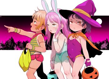 3girls animal_ears bag bandana blonde_hair blue_eyes blue_leotard blue_skirt blush born-to-die bucket cape detached_collar facial_mark fake_animal_ears flat_chest full_moon gloves green_eyes green_shirt halloween halloween_bucket halloween_costume hat highres holding holding_bag holding_bucket leotard loli long_hair moon multiple_girls night night_sky one-piece_tan open_mouth orange_cape orange_eyes original pink_hair playboy_bunny pointing purple_gloves purple_hair purple_hat purple_leotard purple_sky rabbit_ears raised_eyebrow red_bandana red_shorts see-through_clothes see-through_skirt shirt short_hair shorts skirt sky sleeveless sleeveless_shirt smile stitches striped_clothes striped_shirt tan tanline tree walking whisker_markings witch witch_hat wrist_cuffs wristband zombie zombie_costume