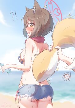 !? 1boy 1girl absurdres animal_ear_fluff animal_ears ass bare_arms bare_shoulders beach bikini blue_archive blue_bikini blush bottle brown_hair commentary_request denim denim_shorts doodle_sensei_(blue_archive) fox_ears fox_girl fox_tail from_behind halo highres holding holding_another&#039;s_tail holding_bottle izuna_(blue_archive) izuna_(swimsuit)_(blue_archive) ocean official_alternate_costume open_mouth outdoors pink_halo red_scarf revision sanwenyu_juan_bing scarf sensei_(blue_archive) short_hair short_shorts shorts striped_bikini striped_clothes swimsuit tail tail_grab yellow_eyes