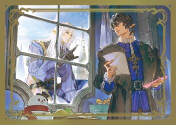 2boys aymeric_de_borel black_coat black_gloves black_hair blue_coat blue_eyes border box chinese_commentary coat commentary_request day drawing_(action) earrings elezen elf estinien_varlineau final_fantasy final_fantasy_xiv frilled_shirt_collar frills frost gift gift_box gloves hangleing holding holding_paper jewelry male_focus medium_hair multiple_boys ornate_border paper parted_lips pointy_ears short_hair smile snowman upper_body white_hair window window_frost yellow_border