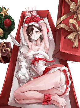 1girl absurdres animal_ears arms_up bare_shoulders barefoot bdsm black_hair bondage bound box brown_eyes chainsaw_man christmas commentary dress english_commentary fake_animal_ears fur-trimmed_headwear fur_trim gift hat higashiyama_kobeni highres in_box in_container leotard looking_at_viewer nervous_sweating nui_gurumi playboy_bunny rabbit_ears red_ribbon ribbon santa_costume santa_dress santa_hat simple_background sweat white_leotard
