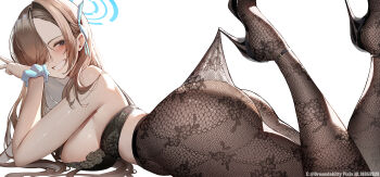 absurdres ass asuna_(blue_archive) asymmetrical_bangs black_bra black_pantyhose black_shoes blue_archive blue_halo blue_ribbon bra dreamtokitty hair_over_one_eye halo high_heels highres lace_pantyhose_hooked_on_heel_(meme) meme no_panties pantyhose ribbon scrunchie shoes underwear wrist_scrunchie