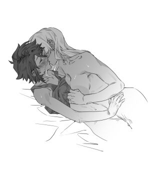 2girls blush breasts chinese_commentary clothes_lift commentary completely_nude greyscale hand_on_another&#039;s_waist hand_under_clothes hand_under_shirt highres jiguang_haibao kiss koishikawa_iko long_hair lying_on_person medium_breasts momijiyama_teru monochrome multiple_girls nude pussy_juice shirt shirt_lift shy_(series) sweat symbol-only_commentary tank_top yuri