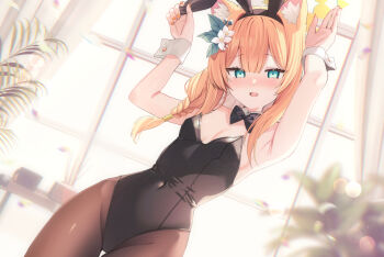 1girl animal_ear_fluff animal_ears armpits arms_up black_pantyhose blue_archive breasts clothing_cutout cowboy_shot detached_collar fingernails flower green_eyes groin hair_flower hair_ornament indoors mari_(blue_archive) navel_cutout orange_hair pantyhose playboy_bunny rabbit_ears saeki_sora small_breasts solo thighs wrist_cuffs