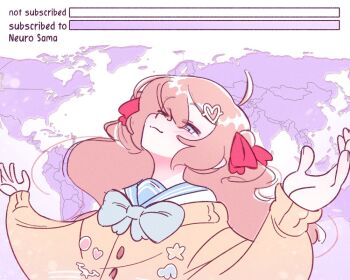 1girl ahoge aqua_bow aqua_bowtie blue_eyes blue_sailor_collar bow bowtie brown_hair cardigan commentary english_commentary english_text hair_between_eyes hair_ornament hair_ribbon half-closed_eyes hands_up head_back heart heart_hair_ornament jeb_wins_(meme) koilccc light_blush long_hair long_sleeves map meme neuro-sama off-shoulder_cardigan red_ribbon ribbon sailor_collar smile smug solo two_side_up vedal_ai yellow_cardigan