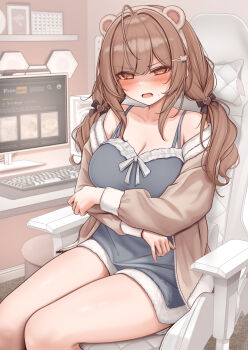 1girl animal_ear_hairband animal_ears bare_shoulders blush breasts brown_eyes brown_hair chair commentary commentary_request computer_keyboard english_commentary fake_animal_ears feet_out_of_frame hairband highres imouto-chan_(monaka_curl) indoors large_breasts long_hair long_sleeves looking_at_viewer mixed-language_commentary monaka_curl monitor off_shoulder open_mouth original paid_reward_available sitting solo thighs