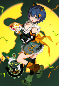 1girl adapted_costume alternate_costume animal_ears asymmetrical_legwear bangboo_(zenless_zone_zero) bare_shoulders belle_(zenless_zone_zero) black_bow black_bowtie black_shirt black_sleeves black_thighhighs blue_hair bow bowtie breasts cat_ears cleavage commentary_request confetti detached_sleeves earrings enmaided eous_(zenless_zone_zero) food frills from_side fruit full_body green_eyes grey_skirt hair_ornament highres holding holding_plate jewelry letter_hair_ornament loose_socks maid medium_breasts mismatched_legwear open_mouth orange_socks pancake pancake_stack plate shadow shirt shoes short_hair single_thighhigh skirt smile socks standing standing_on_one_leg strawberry teeth thighhighs upper_teeth_only white_shoes white_socks yellow_background zenless_zone_zero zuco