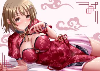 Rule 34 | 1girl, absurdres, blush, breasts, brown hair, china dress, chinese clothes, cleavage, cleavage cutout, clothing cutout, commentary, dress, fingernails, guriguri (43571477), highres, idolmaster, idolmaster cinderella girls, large breasts, looking at viewer, lying, mimura kanako, nail polish, on side, puffy short sleeves, puffy sleeves, red dress, short hair, short sleeves, smile, solo, symbol-only commentary, thighs