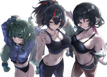 3girls :o absurdres android animal_ears arms_up black_choker black_hair black_pants black_sports_bra blue_jacket blush body_markings bottle breasts choker cleavage cropped_jacket fingernails green_eyes green_hair green_jacket high_ponytail highres holding holding_bottle holding_towel jacket jane_doe_(zenless_zone_zero) long_sleeves looking_at_viewer medium_breasts mouse_ears mouse_girl mouse_tail multicolored_hair multiple_girls pants ponytail qingyi_(zenless_zone_zero) red_eyes red_hair simple_background smile sports_bra sweat tail tora_(kumo_sakamoto) towel track_pants twintails two-tone_hair white_background yoga_pants zenless_zone_zero zhu_yuan