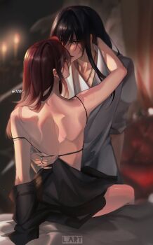 2girls artist_logo bare_back black_hair commentary english_commentary english_text hand_on_another&#039;s_neck hand_on_another&#039;s_waist highres imminent_kiss jewelry lart_art1 logo looking_at_another multiple_girls partially_undressed path_to_nowhere rahu_(path_to_nowhere) red_hair ring shalom_(path_to_nowhere) sitting standing yuri