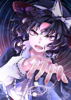 1girl absurdres alternate_eye_color black_capelet black_hair black_hat bow capelet collared_shirt dress_shirt hair_between_eyes hair_bow hat hat_bow highres long_sleeves looking_at_viewer muraryo nail_polish night night_sky open_mouth pocket_watch red_eyes red_nails ripples shirt short_hair sky sleve_cuffs solo star_(sky) starry_sky touhou usami_renko watch white_bow white_shirt