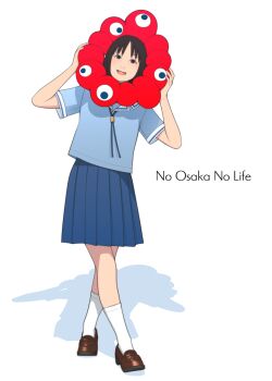 Rule 34 | 1girl, azumanga daioh's school uniform, azumanga daiou, black eyes, black hair, blue serafuku, blue shirt, blue skirt, brown shoes, commentary request, cosplay, english text, expo2025, full body, head tilt, kasuga ayumu, looking at viewer, morichan, myaku-myaku, myaku-myaku (cosplay), name connection, open mouth, pleated skirt, school uniform, serafuku, shirt, shoes, simple background, skirt, socks, solo, white background, white socks