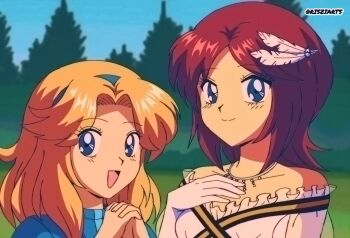 1990s_(style) 2girls :d bare_shoulders blonde_hair blue_dress blue_eyes blue_headband commentary dress english_commentary eyes_visible_through_hair feather_hair_ornament feathers forest gloves hair_intakes hair_ornament hand_on_own_chest headband highres interlocked_fingers jewelry light_blush maria_robotnik multiple_girls nature necklace open_mouth princess_elise_the_third red_hair retro_artstyle risziarts smile sonic_(series) twitter_username white_dress white_gloves