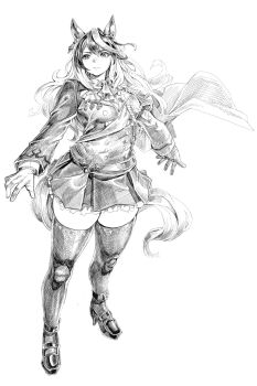 1girl aiguillette animal_ears ascot breasts buttons cape closed_mouth double-breasted ear_ornament earrings epaulettes full_body gloves greyscale hair_between_eyes highres horse_ears horse_girl horse_tail jacket jewelry large_breasts long_hair long_sleeves medal monochrome multicolored_hair shoes side_cape simple_background single_earring single_epaulette skirt solo streaked_hair symboli_rudolf_(emperor&#039;s_path)_(umamusume) symboli_rudolf_(umamusume) tail thighhighs umamusume utsuke_(u_tuk_e)