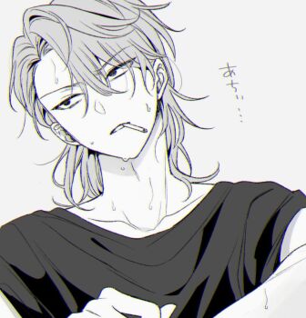 1boy adam's_apple arima_seigen asymmetrical_bangs chromatic_aberration cigarette collarbone commentary_request curtained_hair furrowed_brow greyscale hair_between_eyes head_tilt hot hypnosis_mic hypnosis_mic:_rule_the_stage looking_to_the_side male_focus medium_hair monochrome mouth_hold mullet pacha_st parted_lips portrait short_sleeves sideways_glance simple_background smoking solo sweat translation_request v-shaped_eyebrows white_background