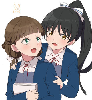 2girls akatsuki_rabbit black_hair blue_jacket braid brown_eyes brown_hair commentary_request dress green_eyes grey_dress hair_ribbon half_up_braid hands_on_another's_shoulders hazuki_ren highres holding holding_paper jacket light_blush long_hair looking_at_another love_live! love_live!_superstar!! low_twintails multiple_girls neck_ribbon open_mouth paper paper_stack ponytail red_ribbon ribbon sakurakoji_kinako school_uniform shirt smile twintails white_background white_ribbon white_shirt winter_uniform yuigaoka_school_uniform