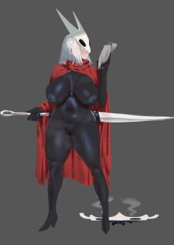 1girl absurdres black_bodysuit blush bodysuit breasts cameltoe cloak commentary covered_erect_nipples covered_navel full_body grey_background highres holding holding_map holding_sewing_needle hollow_knight hollow_knight:_silksong hornet_(hollow_knight) humanization knight_(hollow_knight) large_breasts looking_afar map mask mask_on_head needle_(hollow_knight) r-dragon red_cloak short_hair simple_background solo standing white_hair
