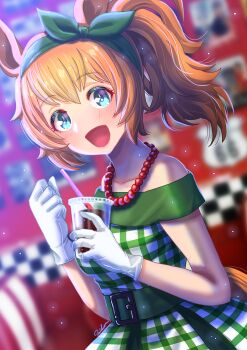1girl animal_ears bare_shoulders bead_necklace beads belt blue_eyes blush bow bow_hairband breasts brown_hair checkered_clothes checkered_dress collarbone commentary_request cup dated_commentary disposable_cup dress drinking_straw gloves green_belt green_bow green_dress green_hairband hair_between_eyes hairband highres holding holding_cup horse_ears horse_girl horse_tail jewelry long_hair looking_at_viewer medium_breasts necklace open_mouth otono_(bkt4b) ponytail smile solo taiki_shuttle_(umamusume) tail umamusume white_dress white_gloves
