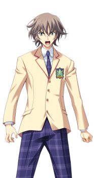 1boy angry blazer brown_hair brown_jacket chaos;head clenched_hand collared_shirt cowboy_shot dress_shirt earrings furious game_cg green_eyes jacket jewelry lapels looking_at_viewer male_focus matsuo_yukihiro misumi_daisuke necktie notched_lapels official_art open_mouth pants plaid_clothes plaid_necktie plaid_pants purple_necktie purple_pants red_trim school_emblem school_uniform science_adventure shirt short_hair simple_background smile solo sprite standing suimei_academy_school_uniform teeth tongue transparent_background white_shirt