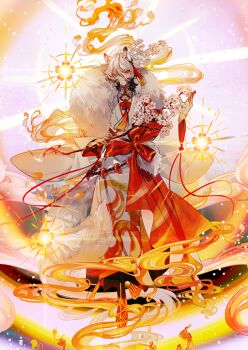 1boy animal_ears black_boots boots branch closed_mouth colored_eyelashes dog_boy dog_ears dog_tail fate/grand_order fate_(series) full_body game_cg glowing hair_between_eyes hair_ornament hanasaka_no_okina_(fate) holding holding_branch japanese_clothes kimono long_sleeves looking_at_viewer magatama male_focus medium_hair midair mole mole_under_eye multicolored_hair official_art orange_eyes solo taa_(acid) tail tassel tassel_hair_ornament third-party_source two-tone_hair warm_colored white_hair white_kimono wide_sleeves