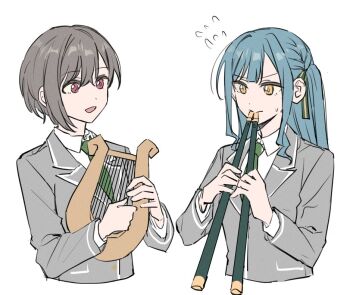 2girls akni bang_dream! bang_dream!_it&#039;s_mygo!!!!! blue_hair collared_shirt commentary_request green_necktie green_ribbon grey_hair grey_jacket hair_between_eyes hair_ribbon haneoka_school_uniform instrument instrument_request jacket korean_commentary long_hair long_sleeves multiple_girls music necktie open_mouth playing_instrument purple_eyes ribbon school_uniform shirt short_hair sidelocks simple_background takamatsu_tomori togawa_sakiko white_background white_shirt