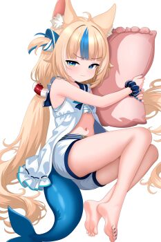 1girl absurdres ahoge animal_ear_fluff animal_ears ass barefoot bikini bikini_under_clothes blonde_hair blue_streaks cat_ears dress feet fins fish_tail furfik highres hugging_object indie_virtual_youtuber knees_up legs lifebuoy_hair_ornament long_hair low_twintails lying multicolored_hair nail_polish navel on_side one_side_up open_clothes open_dress pillow pillow_hug sameko_saba scrunchie short_shorts shorts sleeveless sleeveless_dress soles solo stomach streaked_hair striped_bikini striped_clothes swimsuit tail thighs toes twintails very_long_hair virtual_youtuber white_dress white_shorts wrist_scrunchie