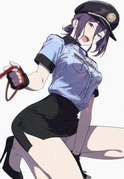 1girl alternate_costume black_hat blue_shirt breasts chainsaw_man green_eyes hair_between_eyes hat high_heels highres holding holding_leash ikanyoikanikan leash miniskirt open_mouth peaked_cap pencil_skirt police police_hat police_uniform policewoman purple_hair reze_(chainsaw_man) shirt simple_background skirt small_breasts solo white_background